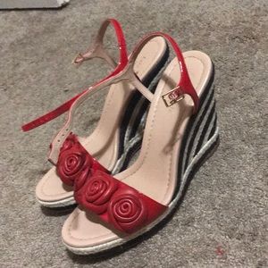 Kate Spade Red Black Striped Wedges